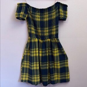 Plaid Off-Shoulder Yellow/Navy Blue Teen Dress